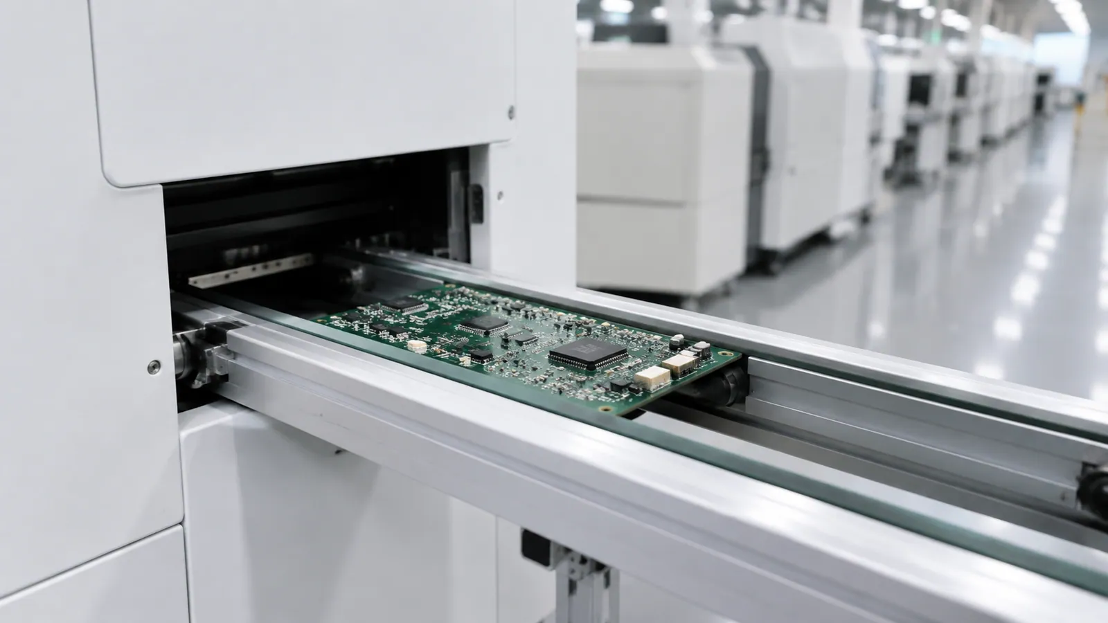 An assembled circuit board moving along a production conveyor